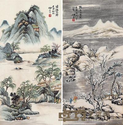 春冬小景 (二幅) 镜片 设色纸本 60×29cm×2