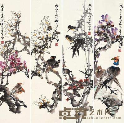 花鸟 四屏轴 设色纸本 130×32cm×4