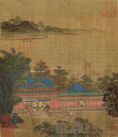 阁楼春晓图 册页片 设色绢本 25×21.5cm