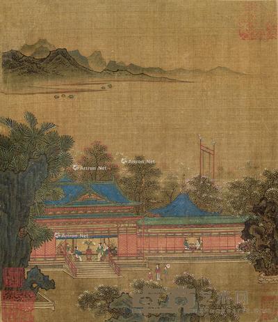  阁楼春晓图 册页片 设色绢本 25×21.5cm