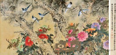  己酉（1969）年作 牡丹松鸟图 镜片 设色纸本 123×243cm