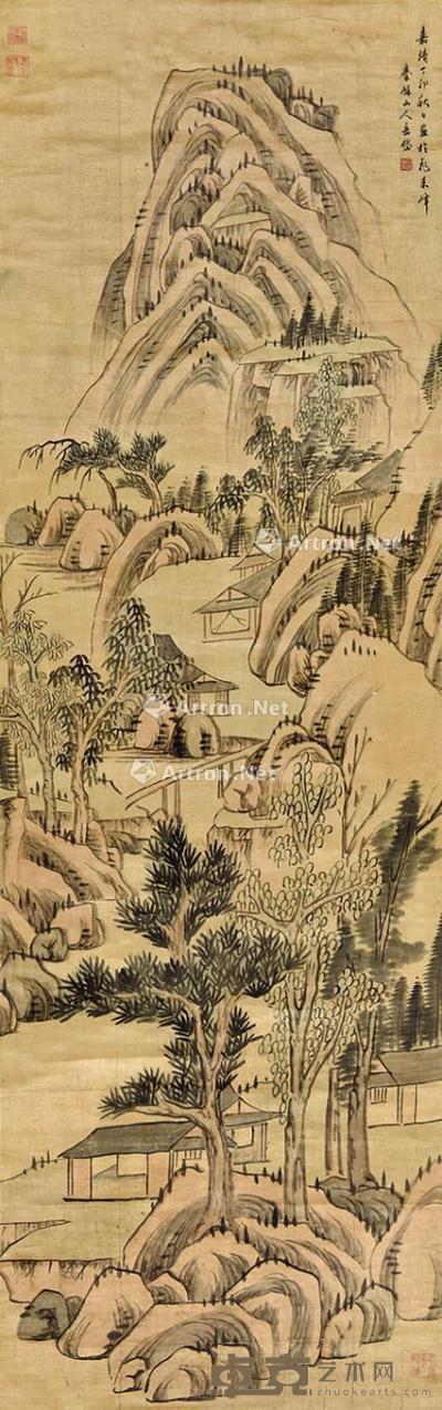  茂林山居 立轴 设色绢本 143×44cm