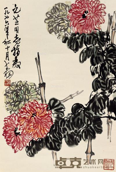  乙未（1976）年作 秋菊 屏轴 设色纸本 73×50cm