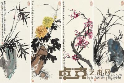  梅兰竹菊 （四幅） 四屏 镜框 设色纸本 77.5×28cm×4