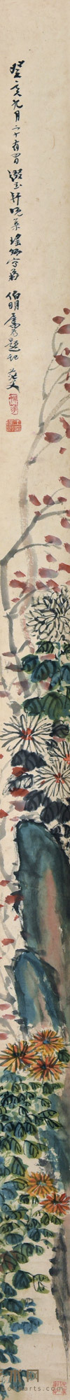 癸亥(1923)年作 菊石听香 屏轴 设色纸本 150×7.3cm