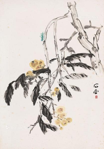  枇杷草虫 镜片 设色纸本