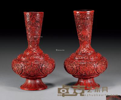  清中期 剔红缠枝花卉瓶 （二件） 高37cm