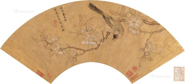  桃花幽禽 扇片 设色泥金笺本