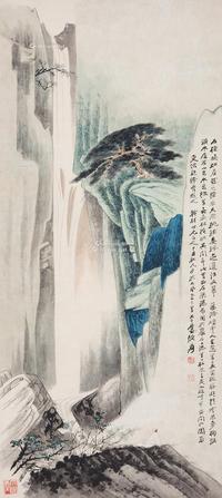  1937年作 青山悬瀑图 立轴 设色纸本