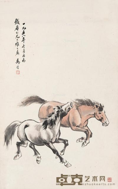 1956年作 双骏图 立轴 设色纸本 85×55cm
