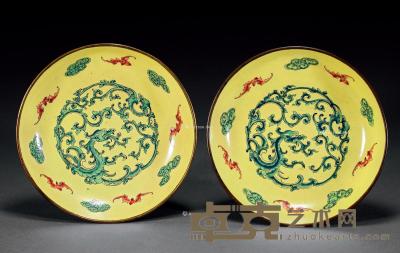  清 铜胎画珐琅龙纹红蝠盘 （二件） 直径14.5cm