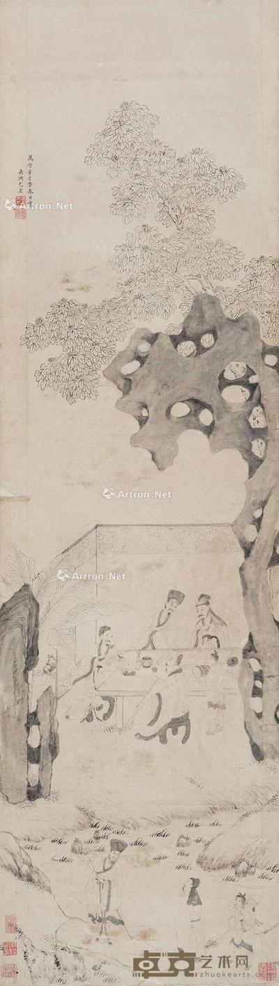 1581年作 西园雅集图 立轴 水墨纸本 120×34cm