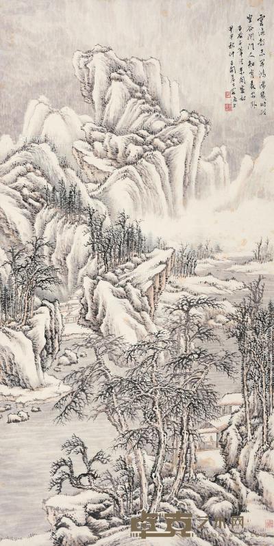  1944年作 雪景寒林图 立轴 设色纸本 102×51cm