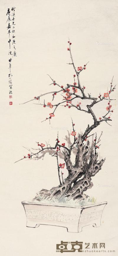 1940年作 梅花 立轴 设色纸本 115.5×53.5cm
