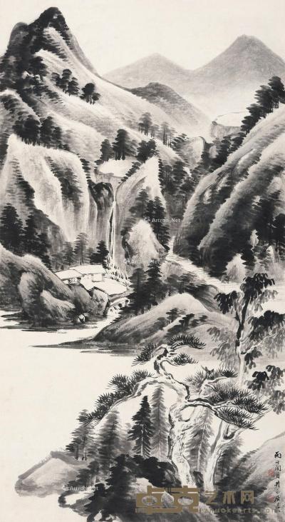  1936年作 松溪悬瀑图 立轴 水墨纸本 89.5×49cm