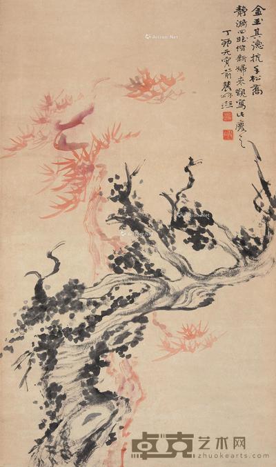  1927年作 抗手松乔 立轴 设色纸本 80.5×48cm