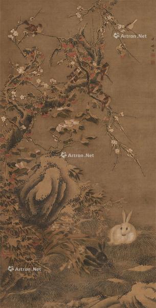  晴雪雀兔图 立轴 设色绢本