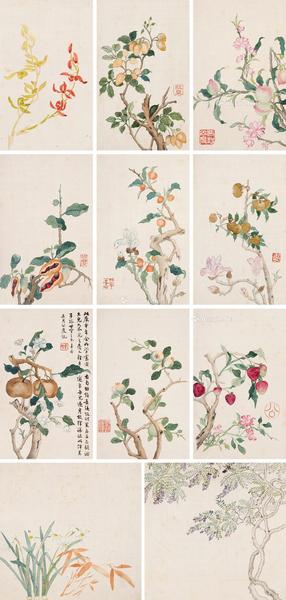  1920年作 花果图 册 （十一开） 设色绢本