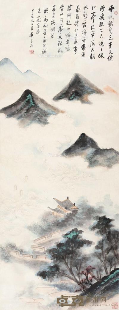  1947年作 峡江帆影 立轴 设色纸本 100×39cm