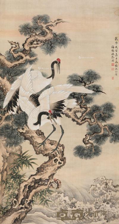  1758年作 海鹤遐龄 立轴 设色绢本 153×81cm