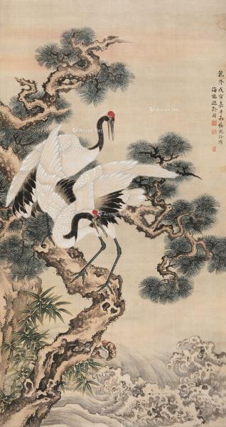  1758年作 海鹤遐龄 立轴 设色绢本