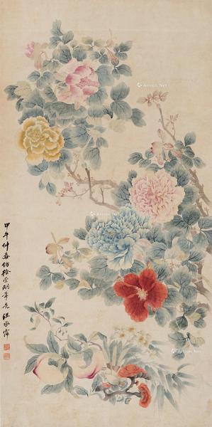  1774年作 富贵仙寿 立轴 设色纸本