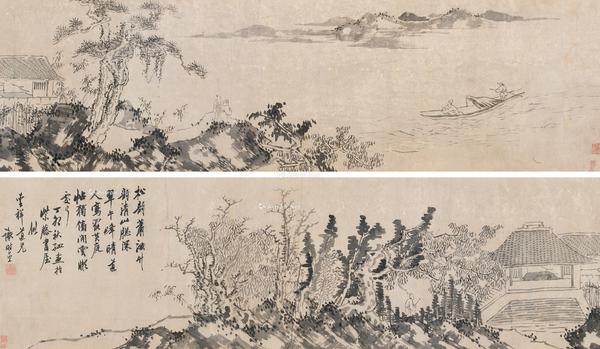  江岸迎客图 卷 水墨纸本