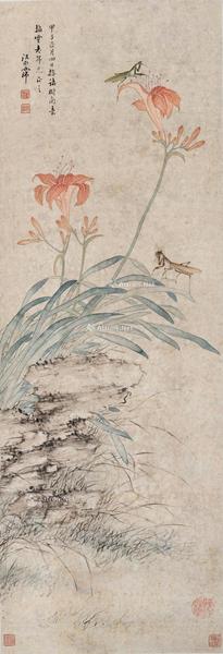  1804年作 花卉草虫 立轴 设色纸本