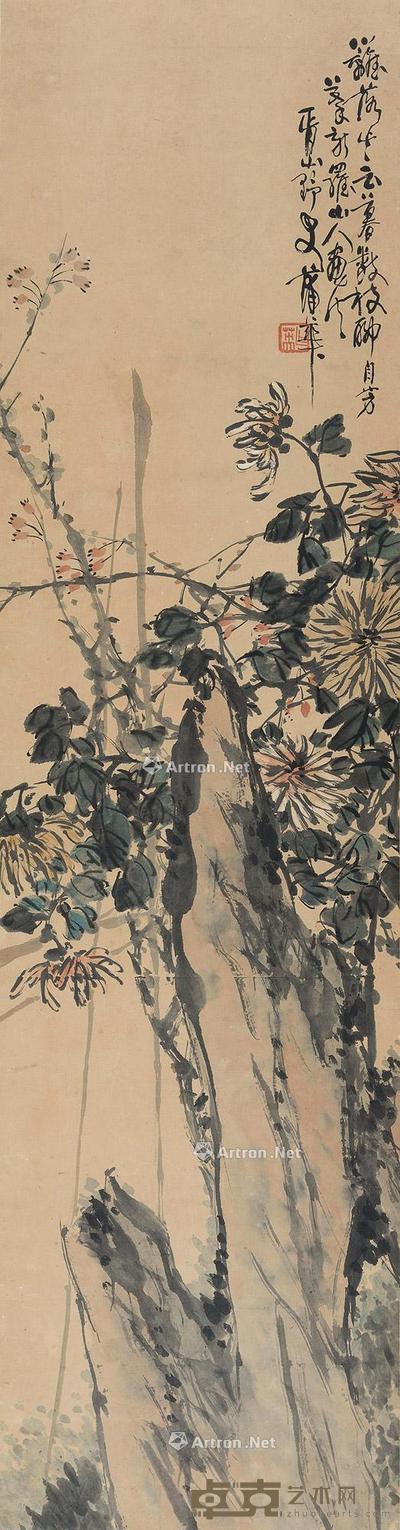  菊石图 立轴 设色纸本 148×38cm