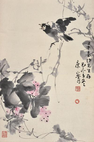  己未 1979年作 葡萄鸣禽 立轴 设色纸本