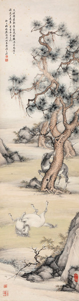  1933年作 松溪双骏 立轴 设色纸本