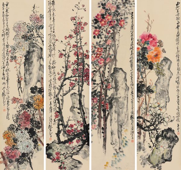  花卉四屏 立轴 设色纸本