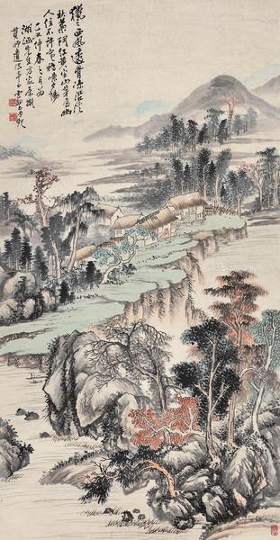  乙丑 1925年作 秋山茅屋 立轴 设色纸本
