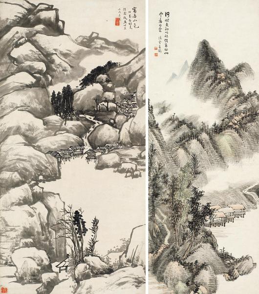  1922年作 富春山色 山中觅句 （二帧） 镜片 水墨纸本、设色纸本
