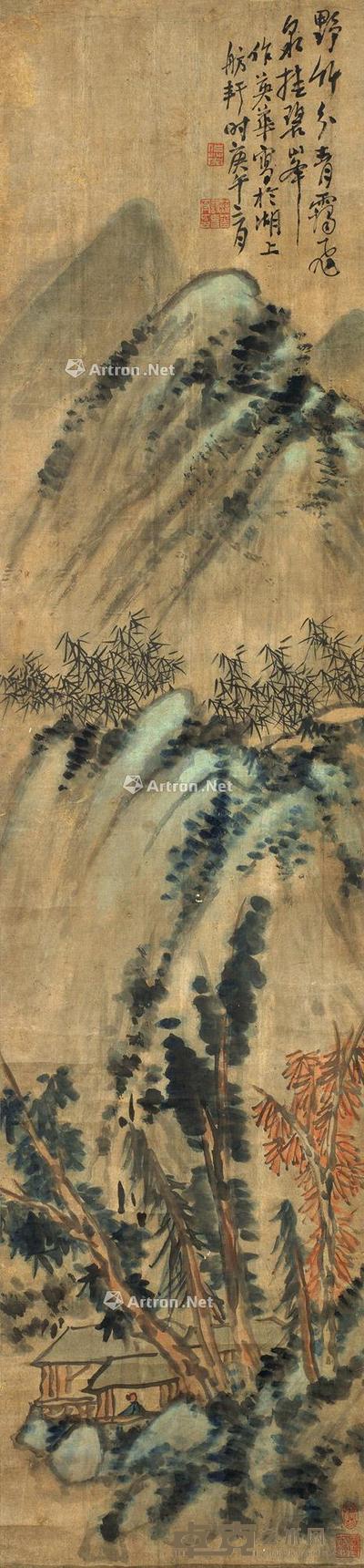  1870年作 飞泉挂碧峰 立轴 设色纸本 132×30.5cm