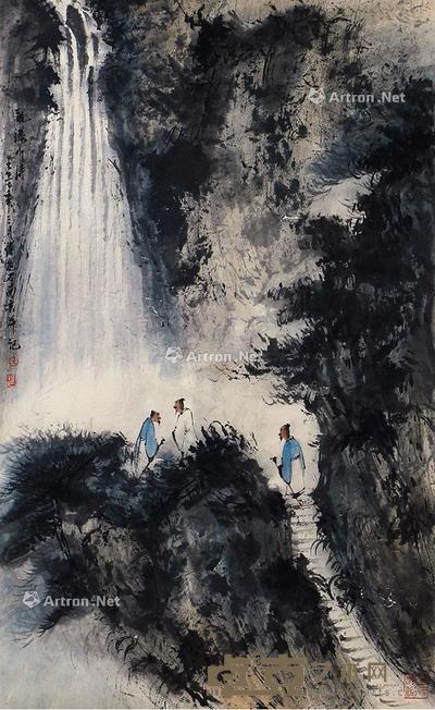  观瀑听涛 立轴 纸本 76×47cm