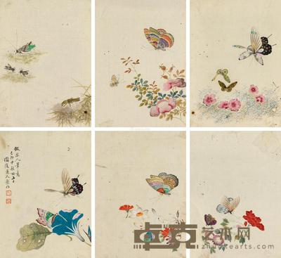  1879年作 花卉草虫册 册页 （九开选六） 设色纸本 24×17.5cm×9