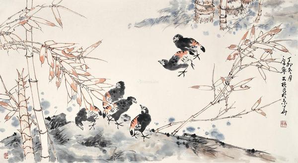  丁卯 1987年作 竹鸟 镜片 设色纸本