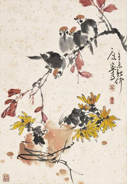  辛未 1991年作 红叶小鸟 立轴 设色纸本