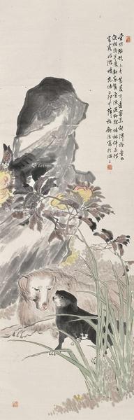  己卯 1879年作 双犬图 立轴 设色纸本