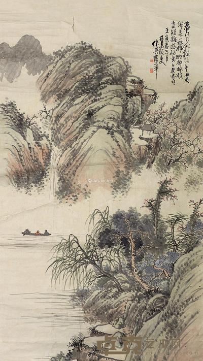  1902年作 春山泛舟 镜片 设色纸本 145×80cm