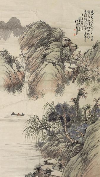  1902年作 春山泛舟 镜片 设色纸本