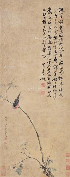  丙戌 1646年作 花枝栖禽 立轴 设色纸本