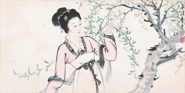  折柳仕女 镜心 设色纸本