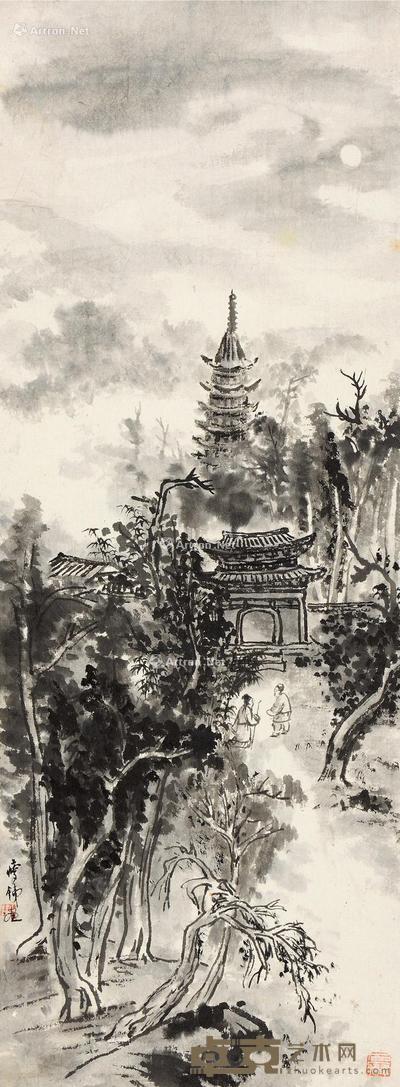 山林古寺 立轴 水墨纸本 71×26cm