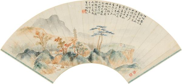  松山万壑 扇框 设色纸本
