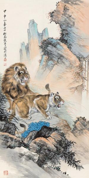  甲申（1944）年作 双狮图 立轴 设色纸本