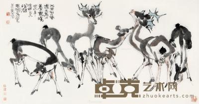  丙寅（1986）年作 六鹿图 镜片 设色纸本 84×160cm