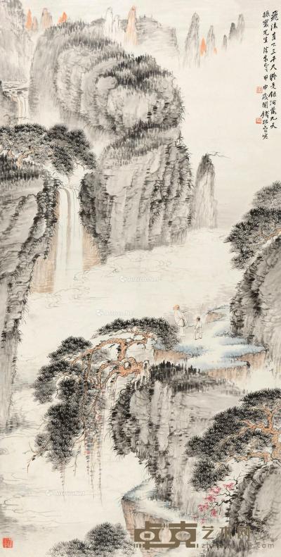  甲申（1944）年作 深山飞瀑 立轴 设色纸本 133×67cm