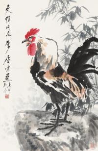  庚申（1980）年作 竹林雄鸡 立轴 设色纸本